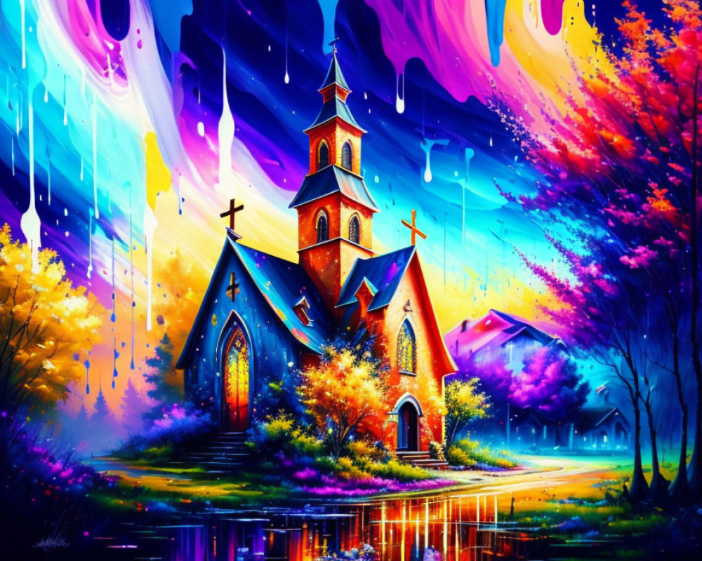 Colorful Church Illustration with Surreal Sky and Reflective Water