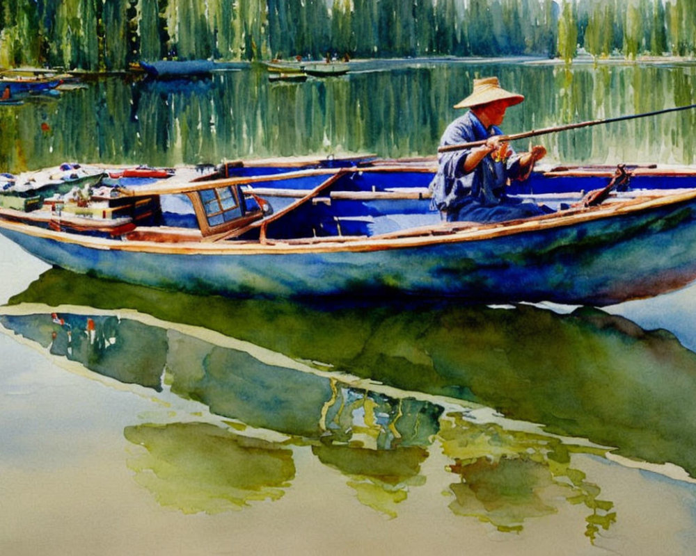 Person in straw hat fishing from blue rowboat on calm lake with clear reflections