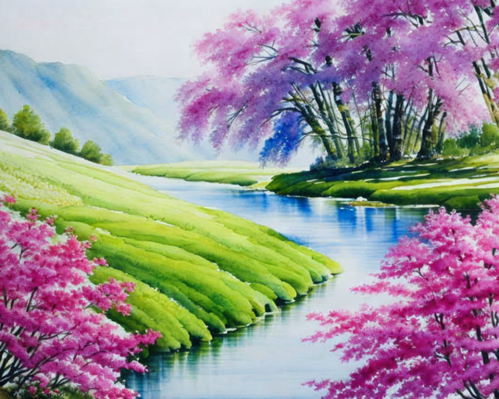 Tranquil Watercolor Landscape with River and Cherry Blossoms