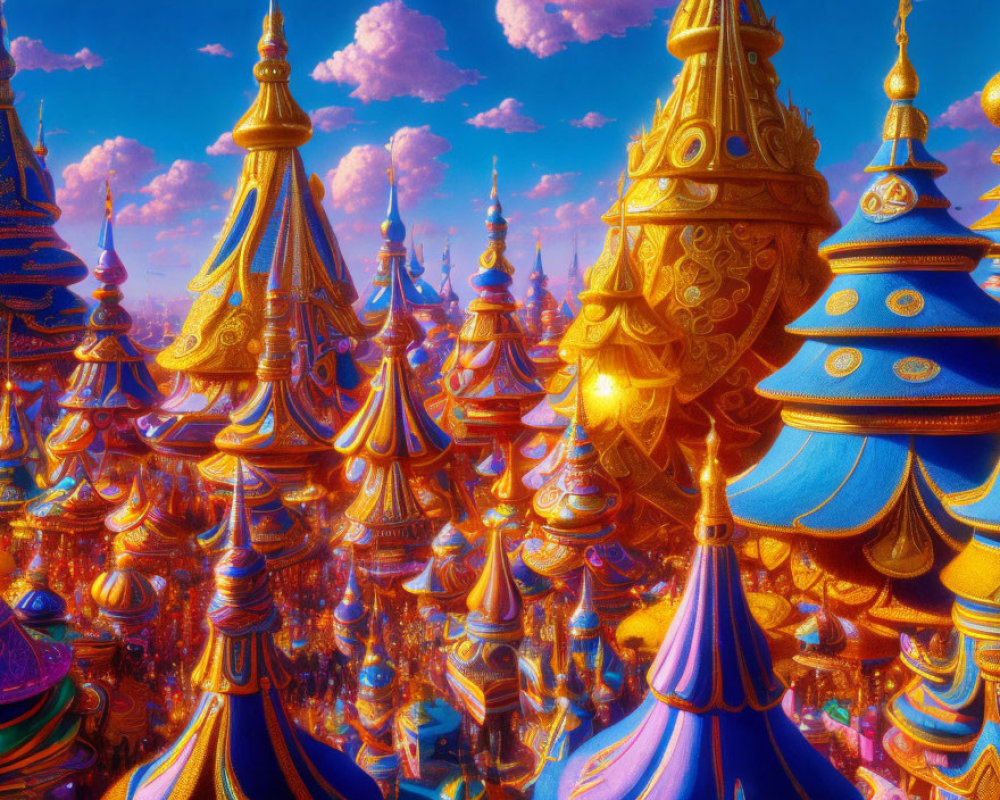 Fantastical cityscape with golden and blue spires under bright sky