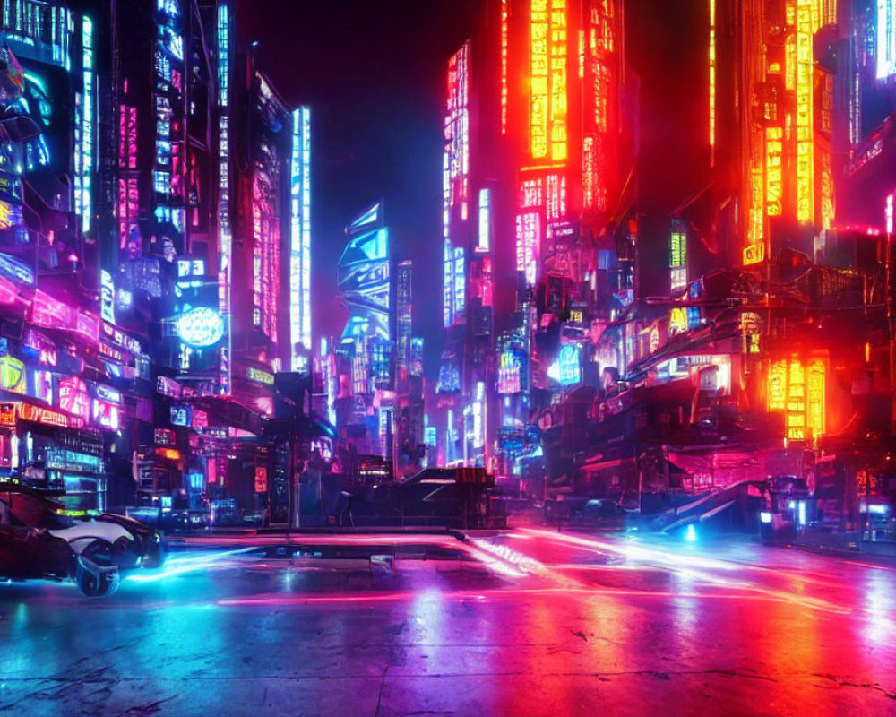 Futuristic neon-lit cityscape with sleek vehicles and glowing signs