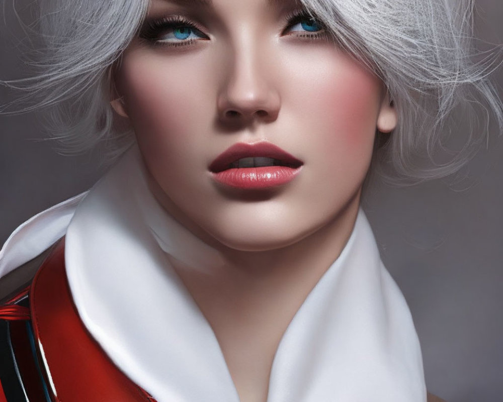 Silver-Haired Female Character in Red and White Outfit