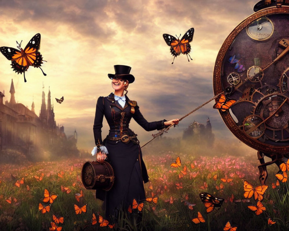 Steampunk woman with cane and handbag in field with butterflies, cogwheel clock, cathedral.