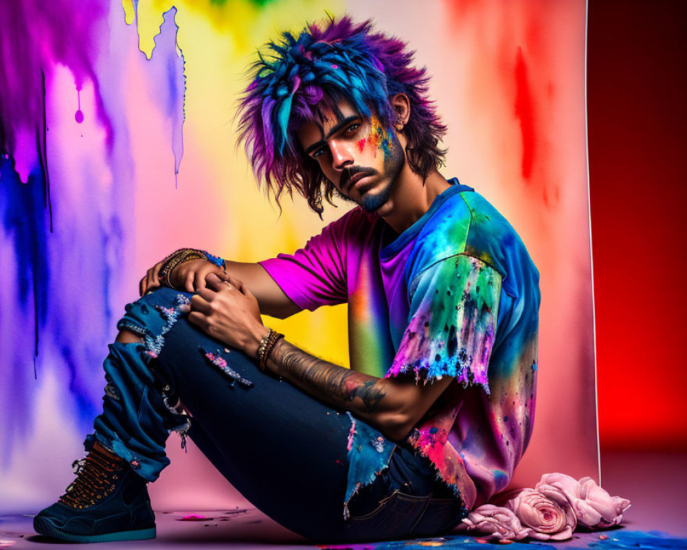 Colorful man with paint on face in tie-dye shirt against vibrant backdrop