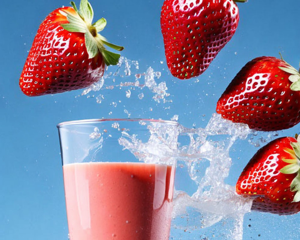 Fresh strawberries falling into glass of smoothie on blue background