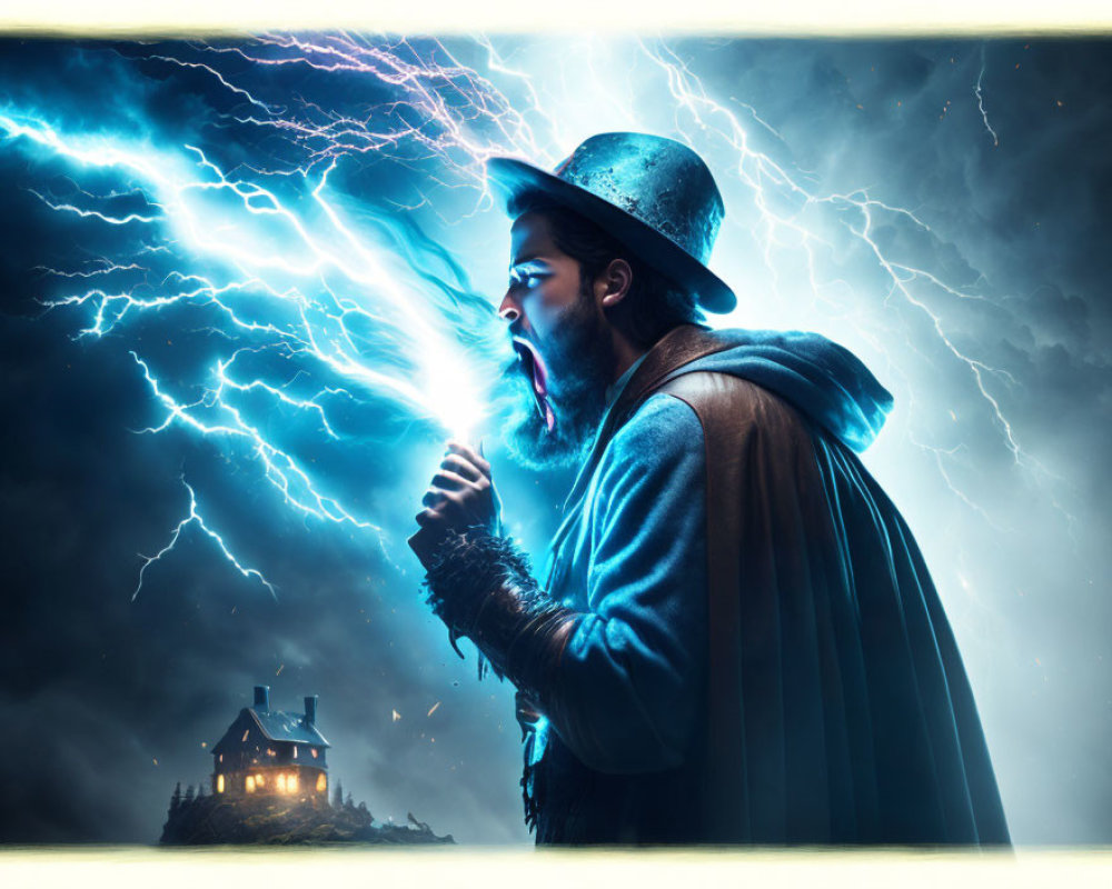 Person in hat and cloak screams with lightning striking house on hill