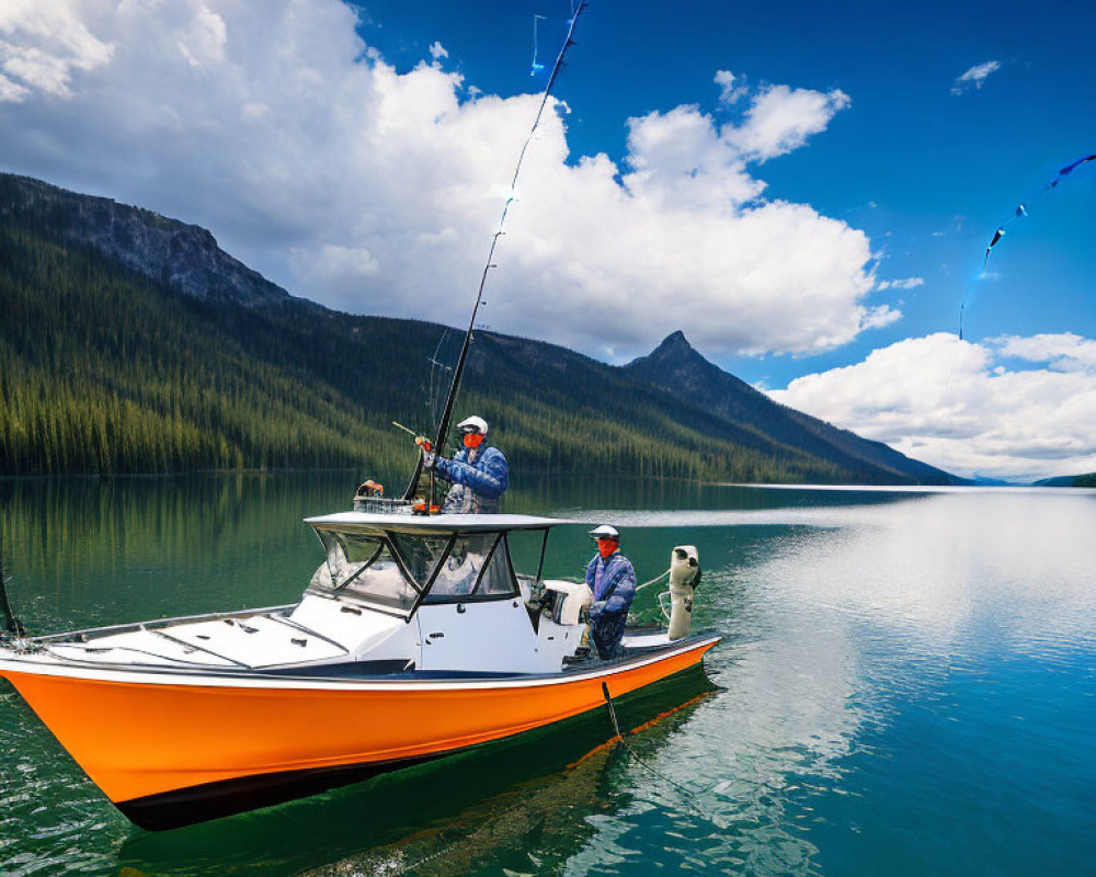 Two people fishing from orange and white boat on calm lake with forested mountains and partly cloudy sky