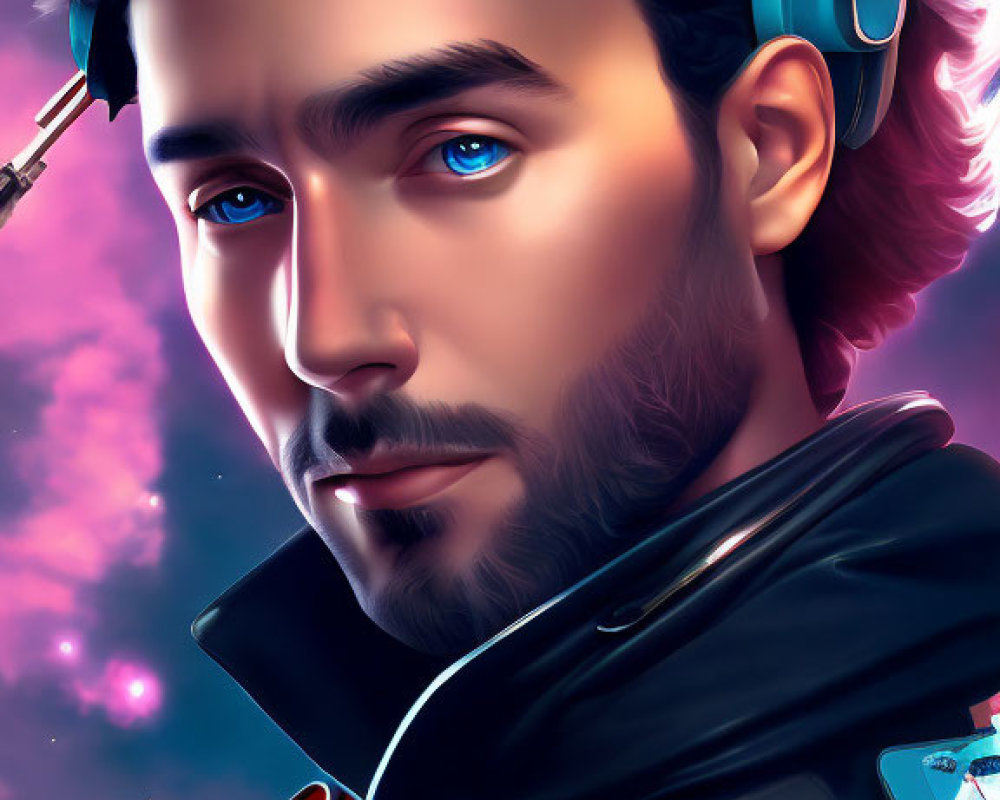 Man with Blue Eyes and Beard in Headset Against Colorful Nebula