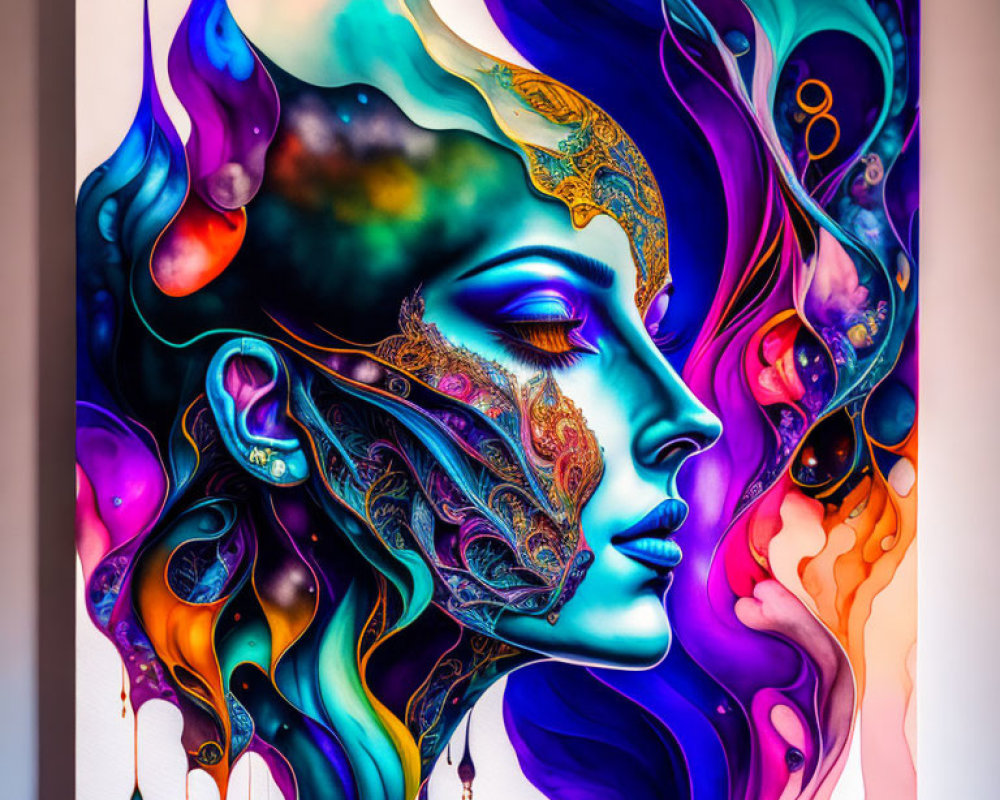 Abstract colorful woman's face artwork with intricate details