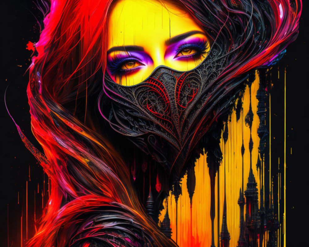 Colorful digital artwork of woman with red hair and decorative mask