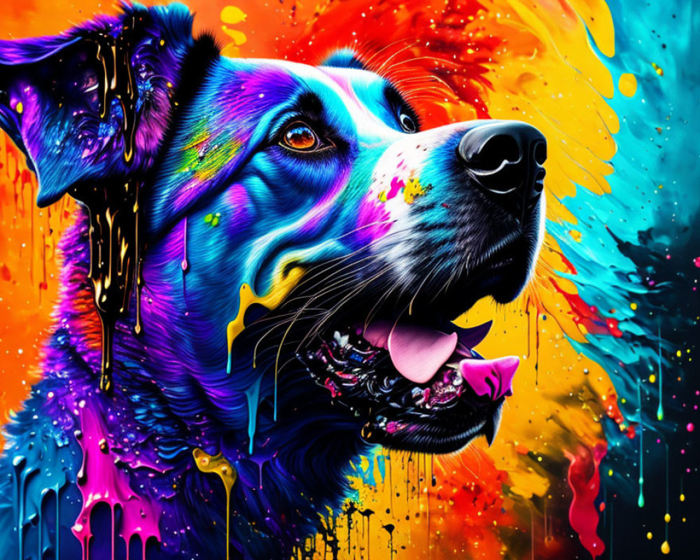 Colorful Abstract Dog Artwork with Dripping Paint Effects