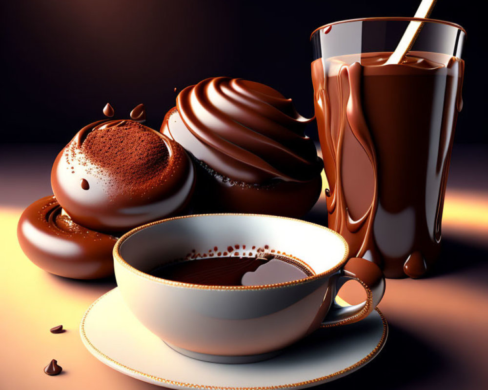 Digital art: Hot chocolate cup, chocolate marshmallow, milk glass, coffee beans