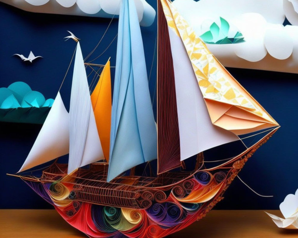 Colorful Quilling Paper Boat Art Against Blue Background