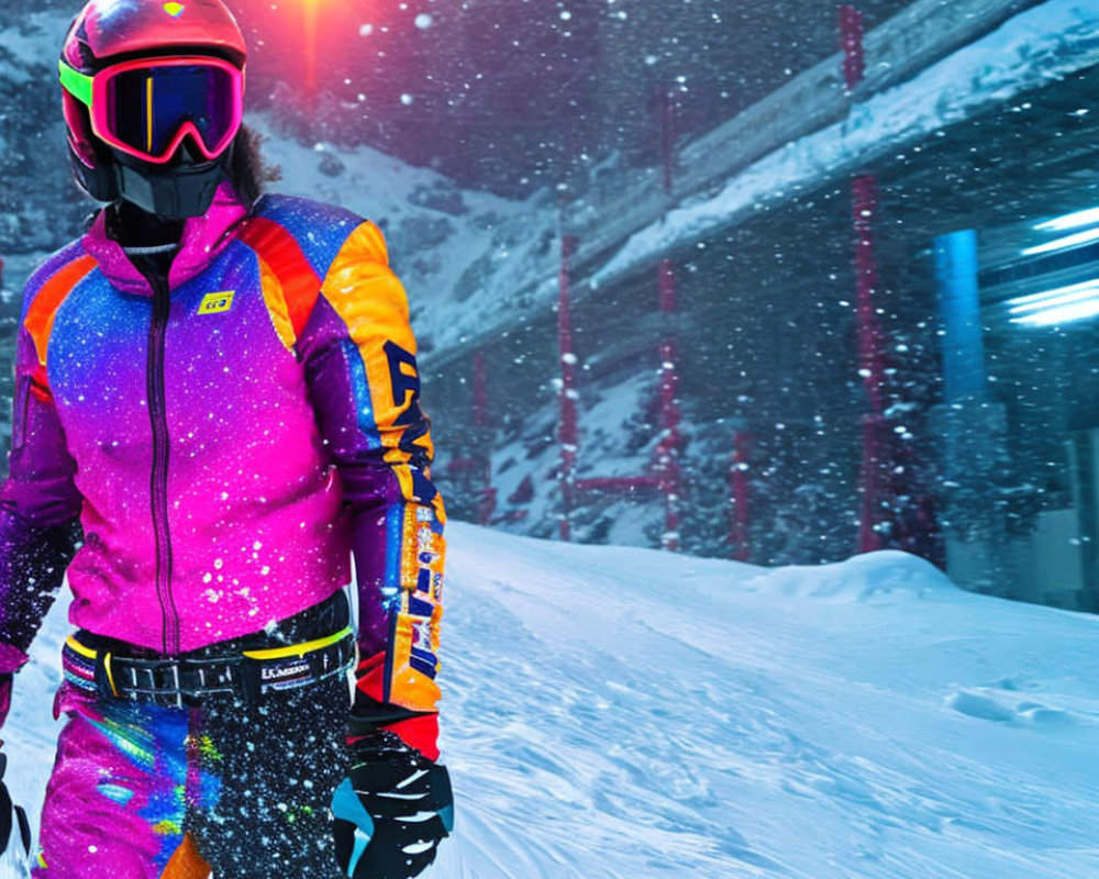 Skier in colorful gear under snowy night sky near mountain ski lift