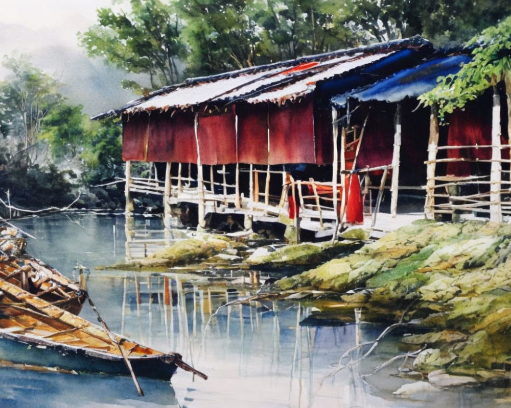 Serene riverside scene with stilt house, boat, and lush greenery