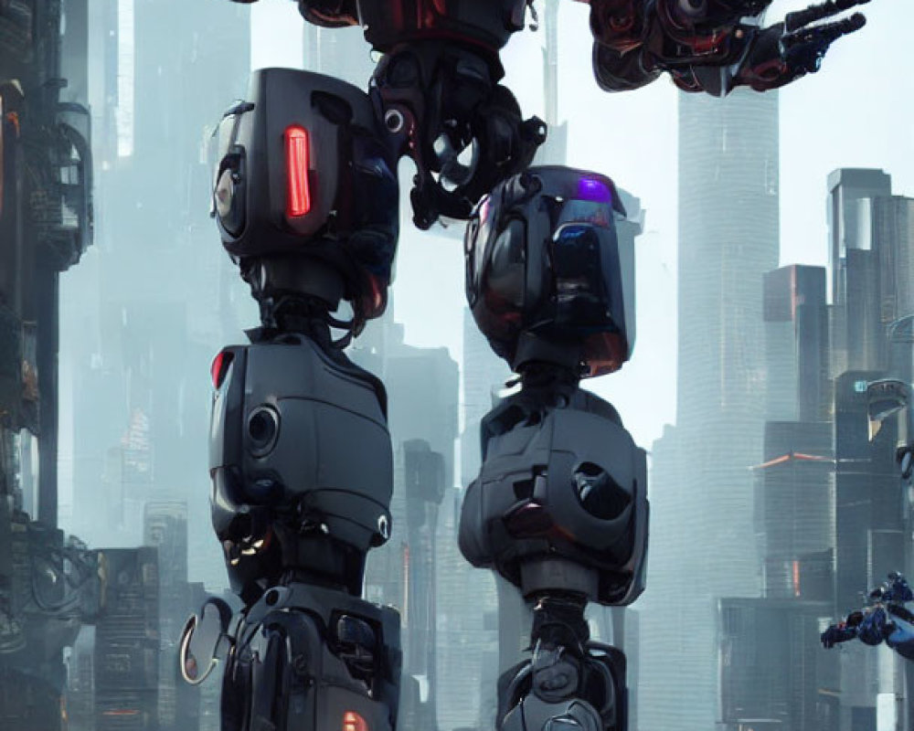 Futuristic cityscape with towering advanced robot and flying vehicles