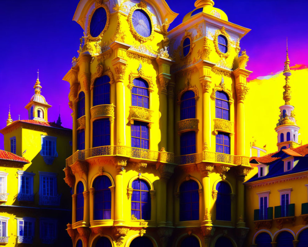 Colorful Baroque Style Building with Golden-Yellow Facades and Purple-Pink Sky