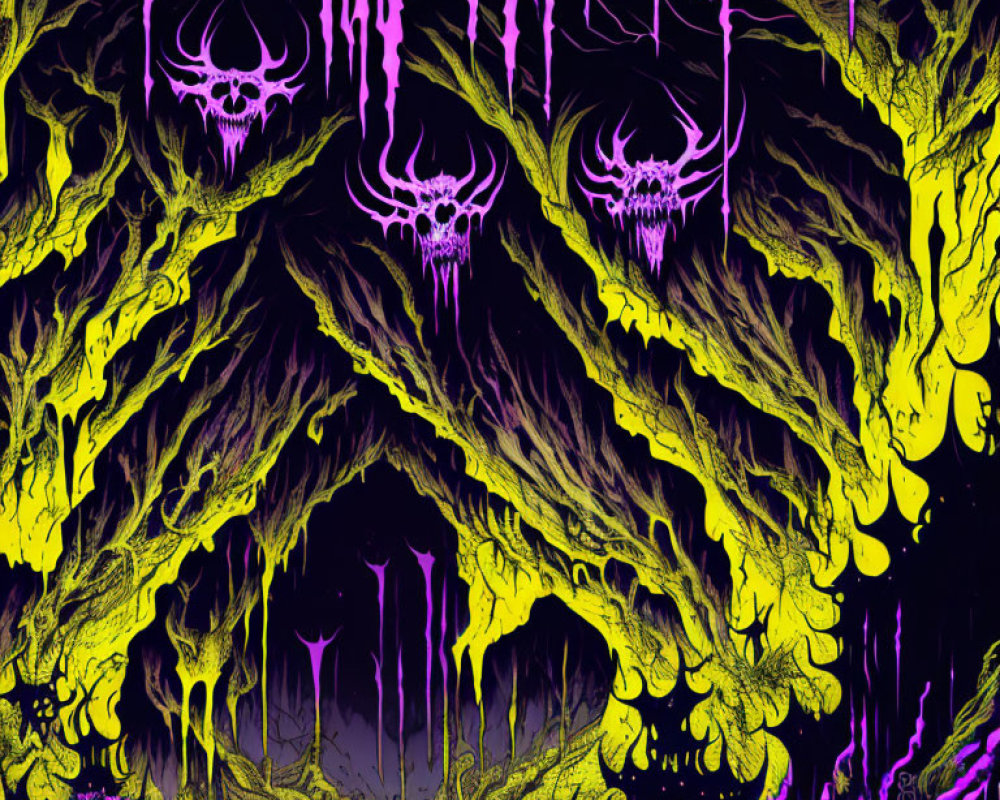 Vibrant yellow and purple psychedelic melting skulls illustration