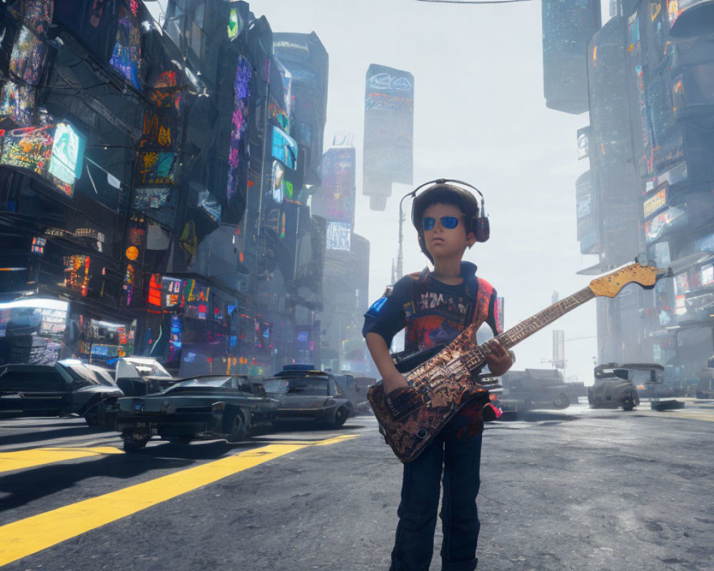 Child in sunglasses with electric guitar in futuristic city street