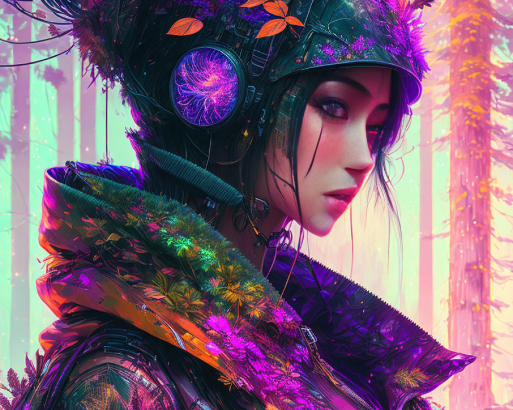 Colorful Flora Helmet Woman in Futuristic Forest Art