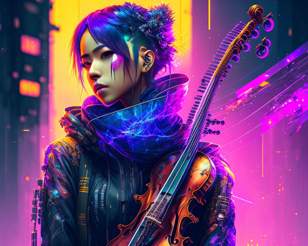 Digital artwork: Person with blue hair holding violin in futuristic city.