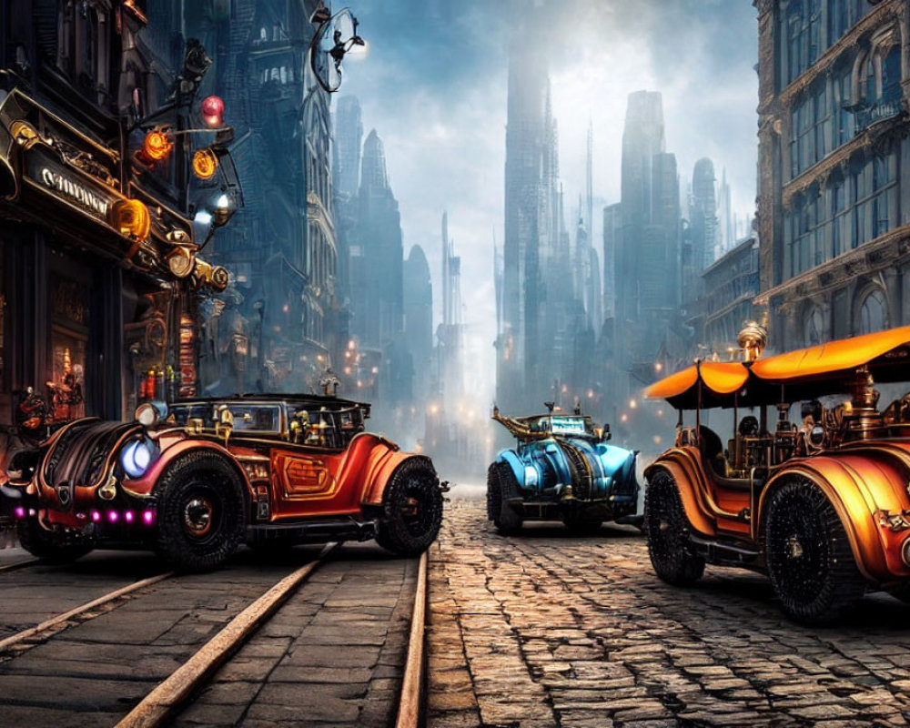 Fantastical urban scene: retro-futuristic cars, cobblestone streets, shop lights,