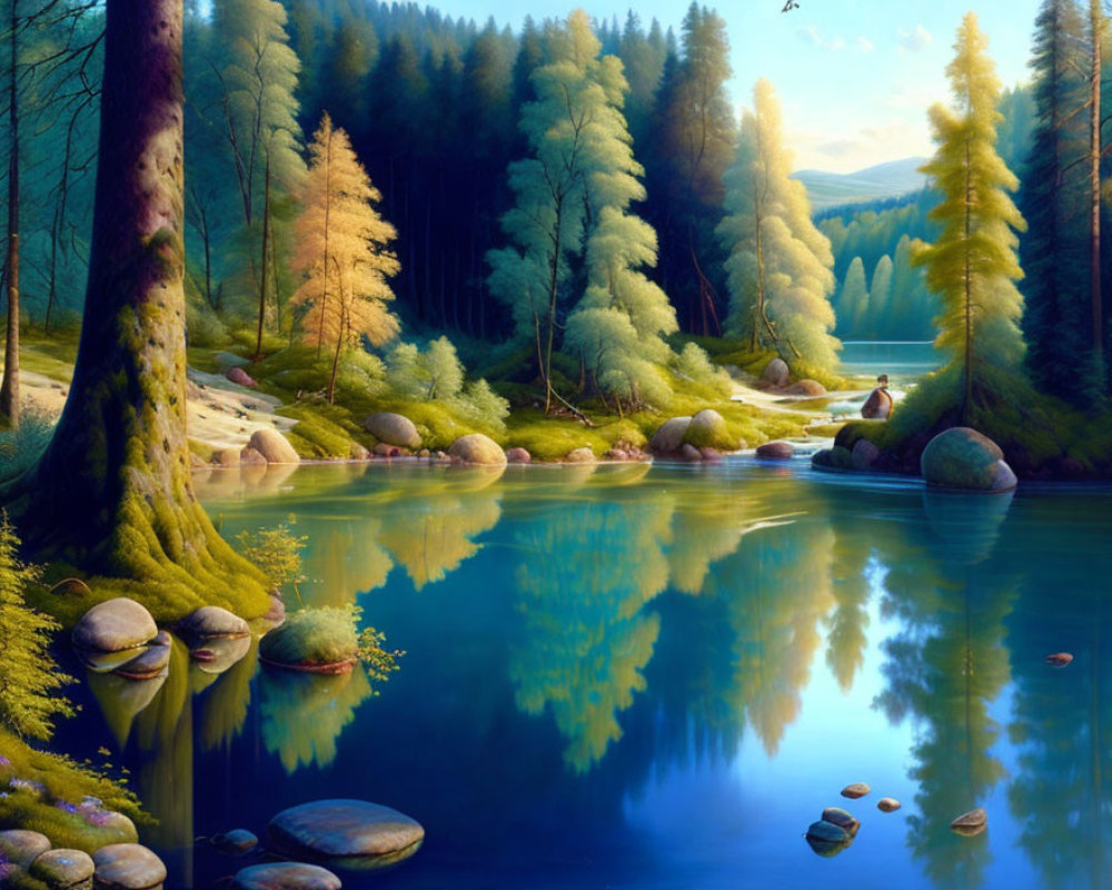 Tranquil forest scene: tall trees mirrored in calm lake, clear sky, scattered rocks