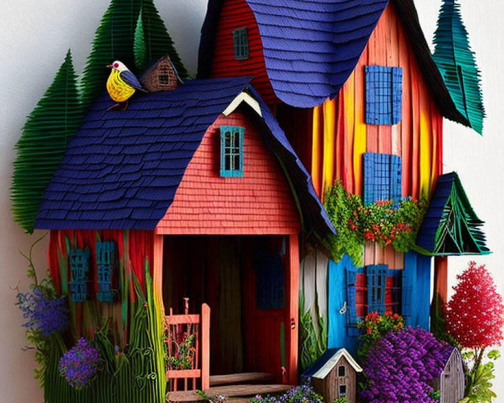 Colorful 3D paper craft of vibrant house with multicolored walls and blue roof.