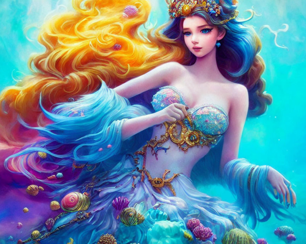 Colorful Mermaid Illustration with Golden and Blue Hair and Oceanic Accessories