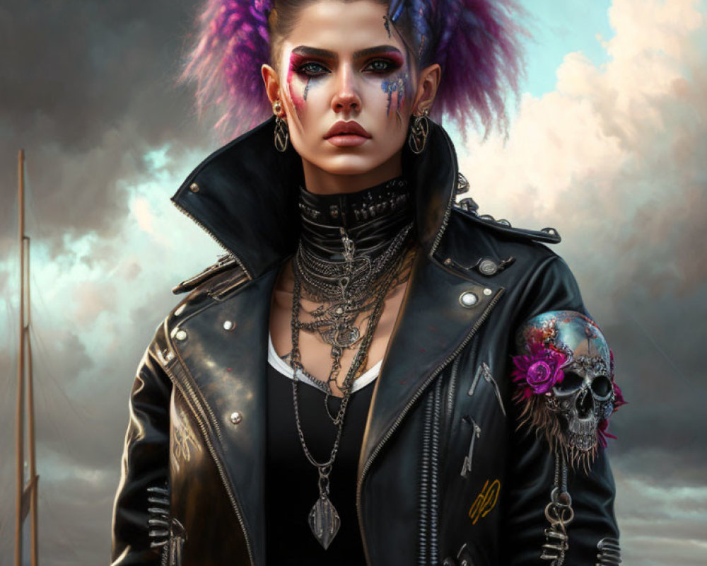 Vibrant punk hairstyle, dramatic makeup, chains, leather jacket with embroidery against moody sky