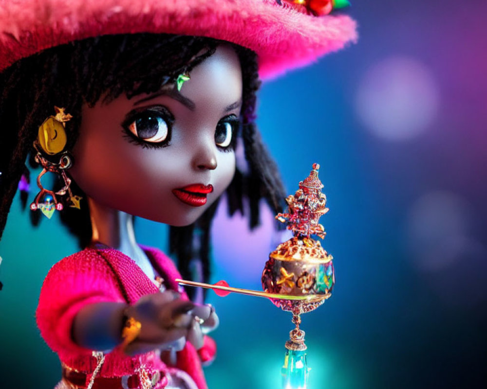 Dark-skinned doll in pink attire with whimsical scepter on bokeh background