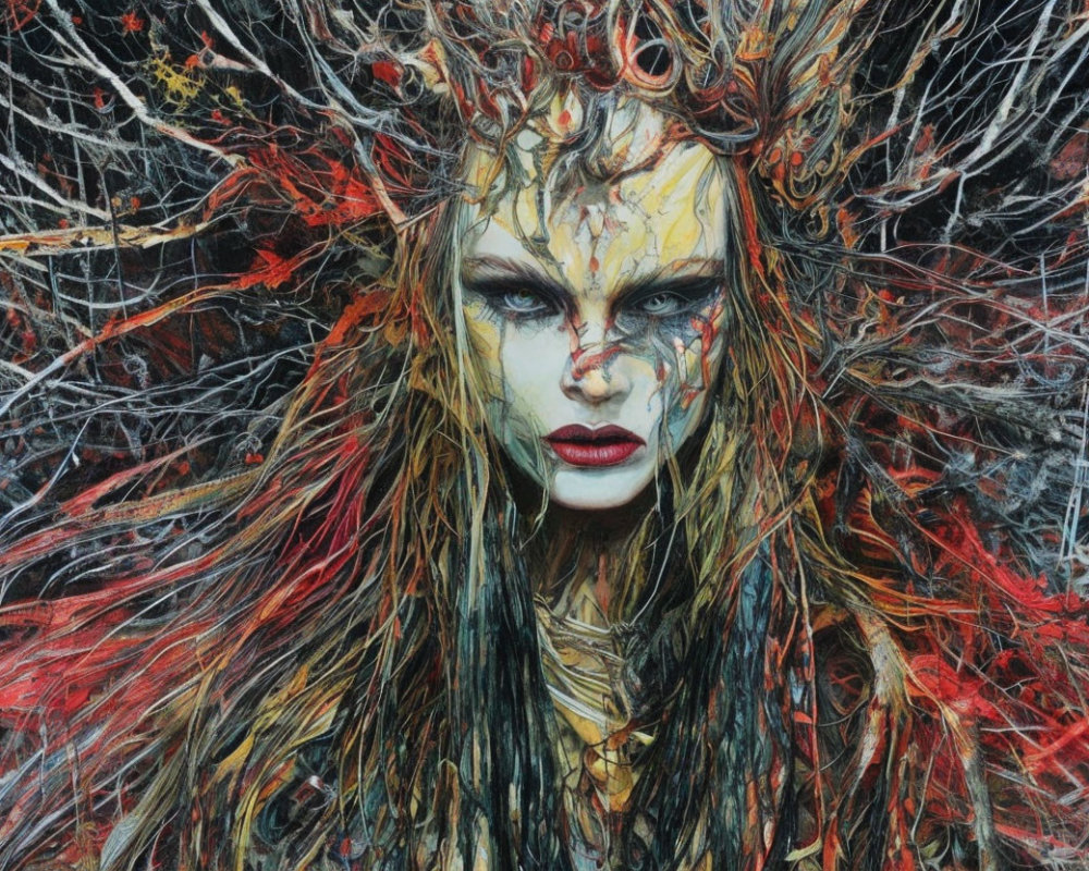 Detailed portrait of figure with snake-like hair and piercings against chaotic backdrop