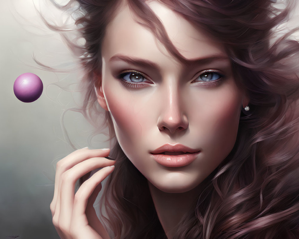 Detailed digital portrait of a woman with blue eyes, wavy hair, and a floating purple sphere.