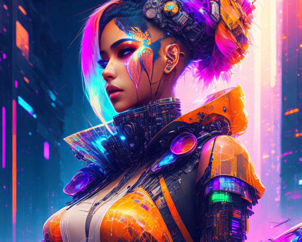 Futuristic cyberpunk portrait of woman in neon-lit setting