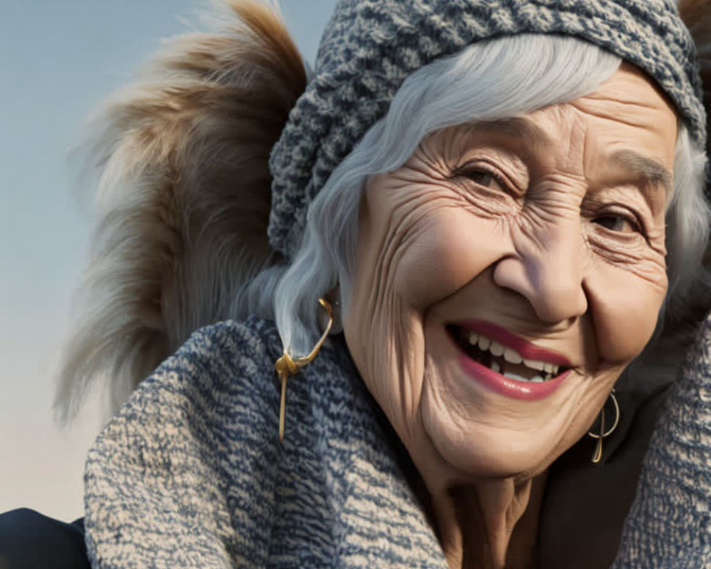 Elderly woman in knitted hat and blue scarf smiling outdoors