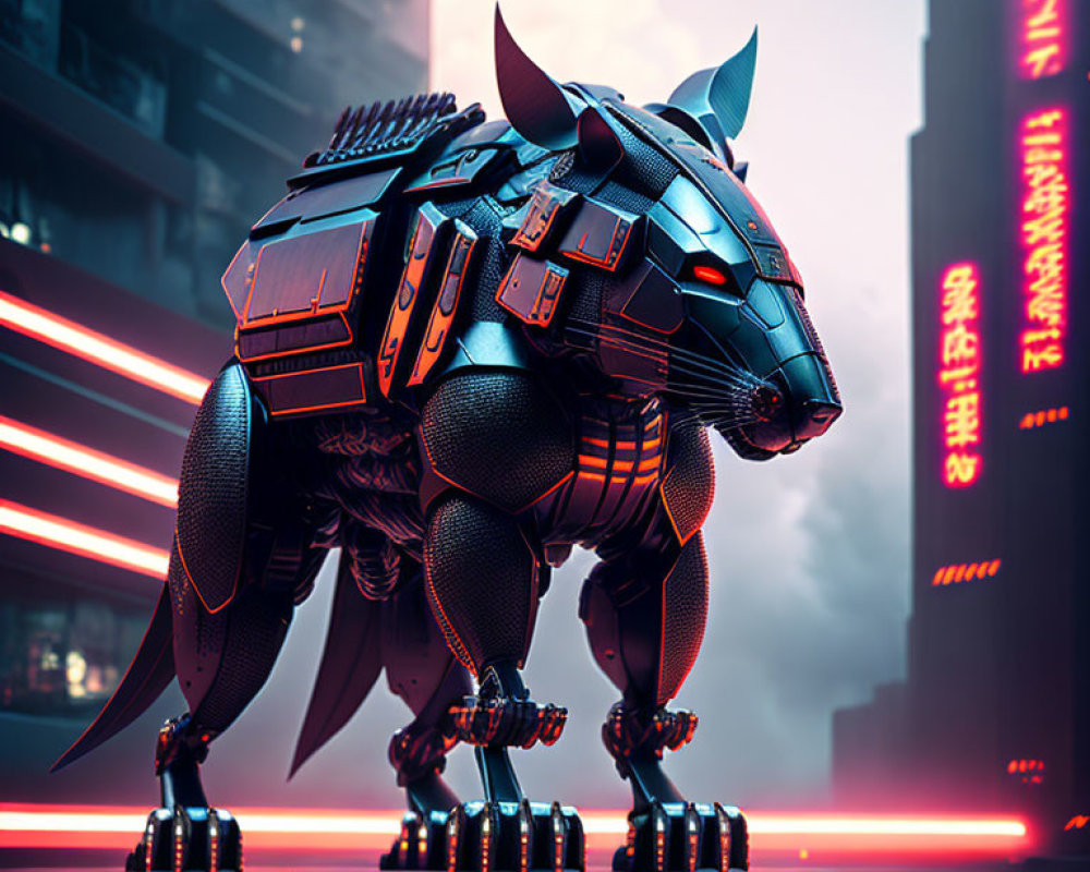 Futuristic robotic panther in neon-lit urban setting with Asian script.