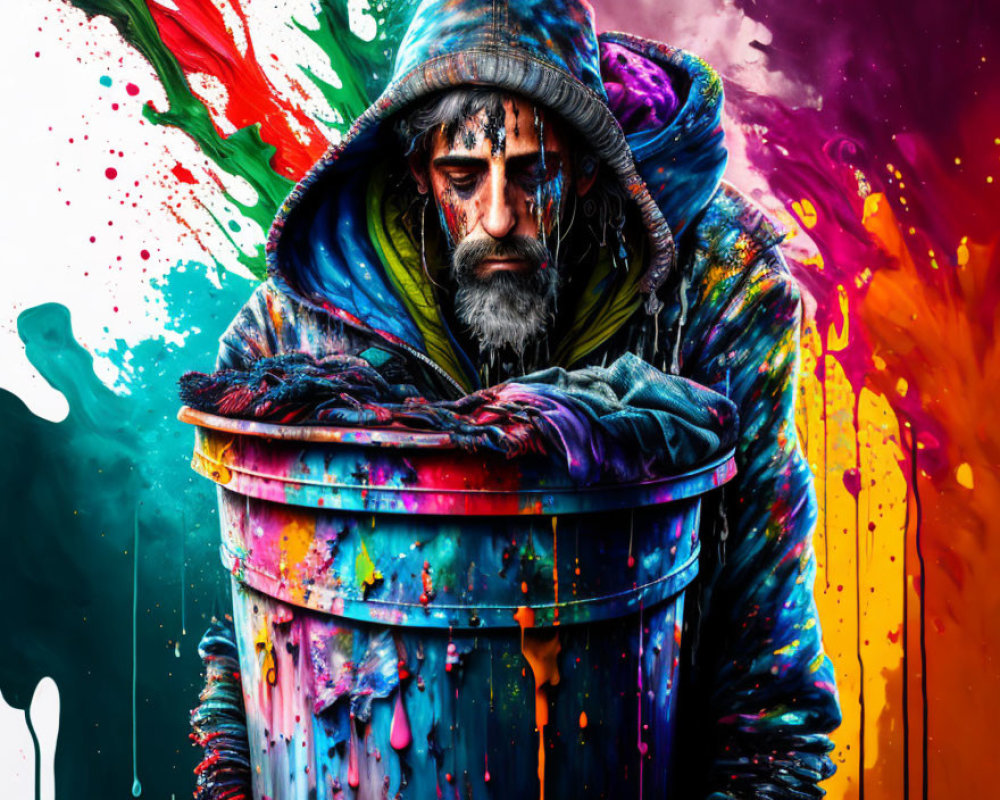 Colorful Hoodie Man Covered in Paint Splatters Resting on Barrel