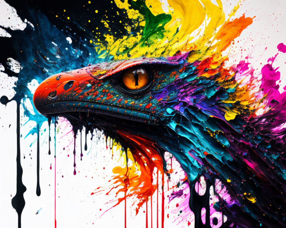 Colorful lizard head painting with multicolored paint splash