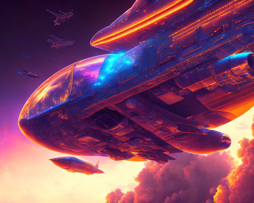 Futuristic spacecraft in vibrant pink and orange sky with smaller ships and ethereal clouds.