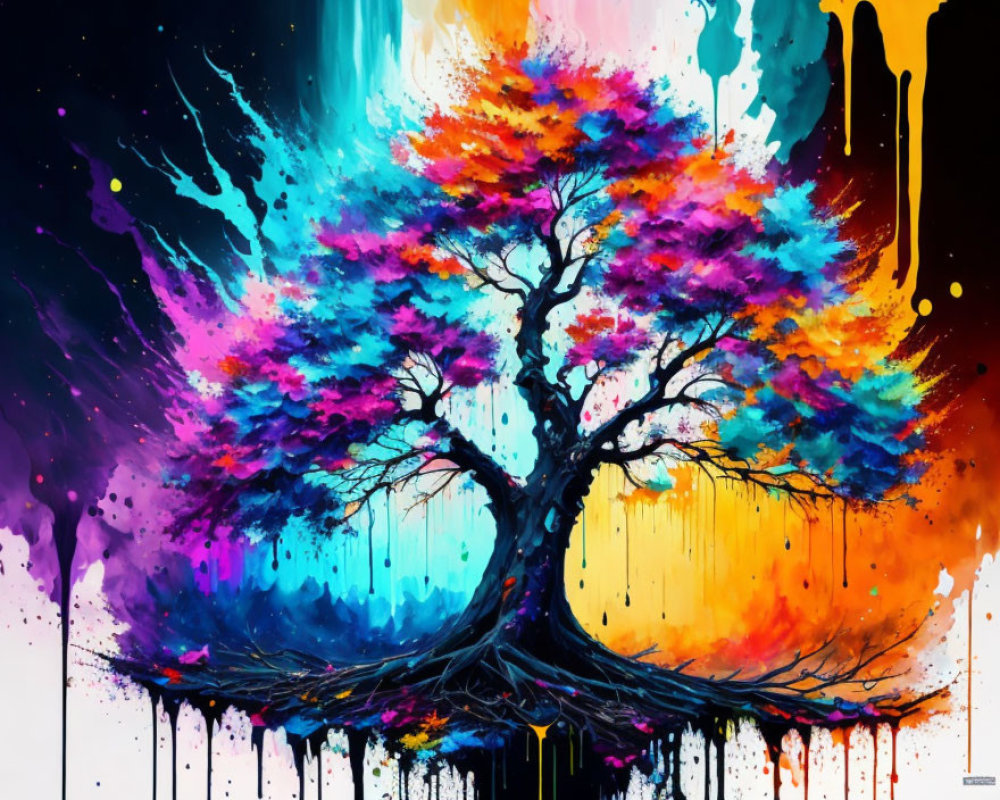 Colorful Tree Painting with Blue, Red, Pink, and Orange Leaves