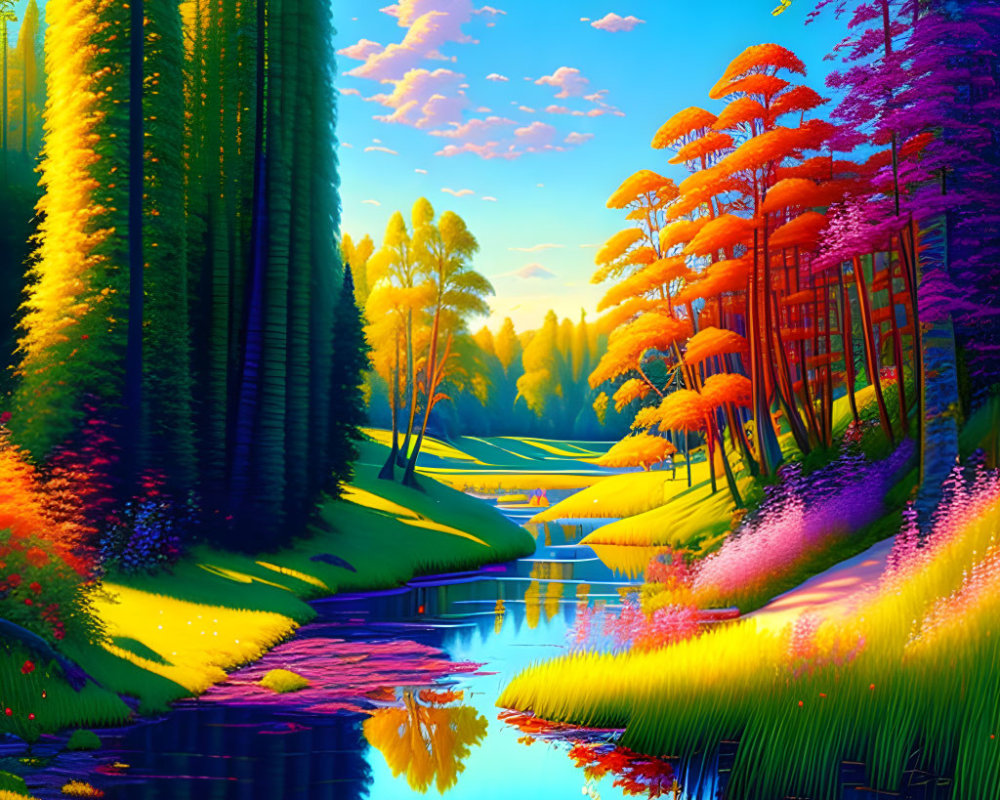 Fantastical forest digital art: towering trees, serene river, colorful foliage, sunny sky