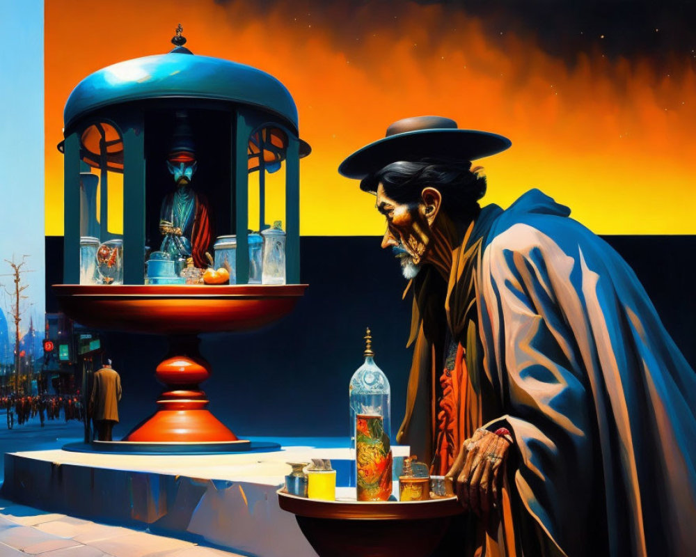 Surrealist painting: man in hat and cloak, giant snifter glass with ship, birdc