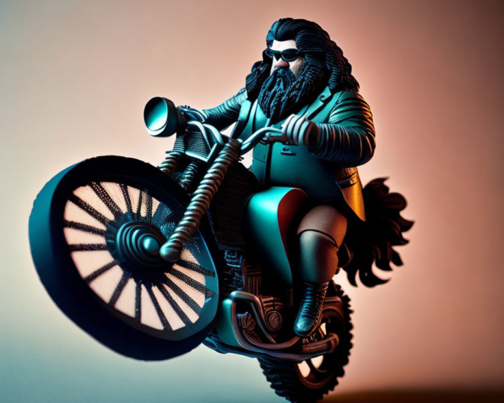 Dynamic Stylized Illustration of Bearded Man on Motorcycle