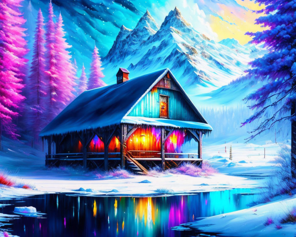 Snowy Cabin Scene with Glowing Windows and Frozen Lake