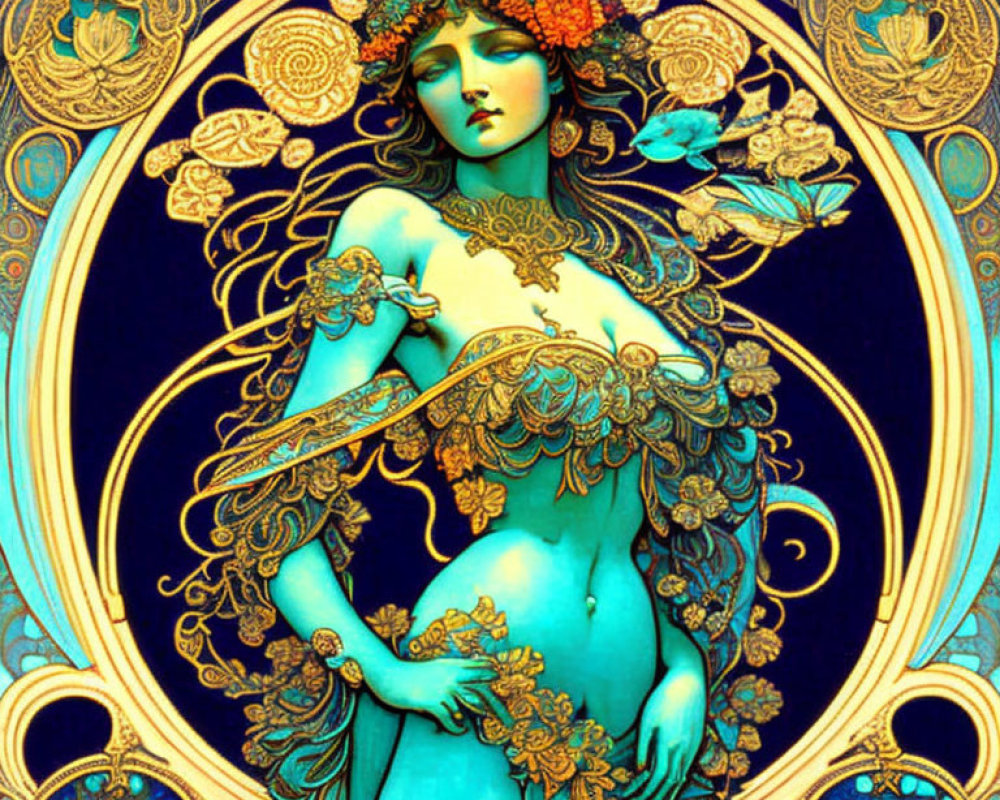 Art Nouveau Woman in Ornate Floral and Peacock Surroundings