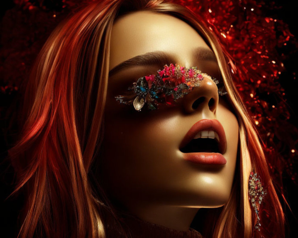 Vibrant red-haired woman with artistic makeup and colorful gems against red foliage