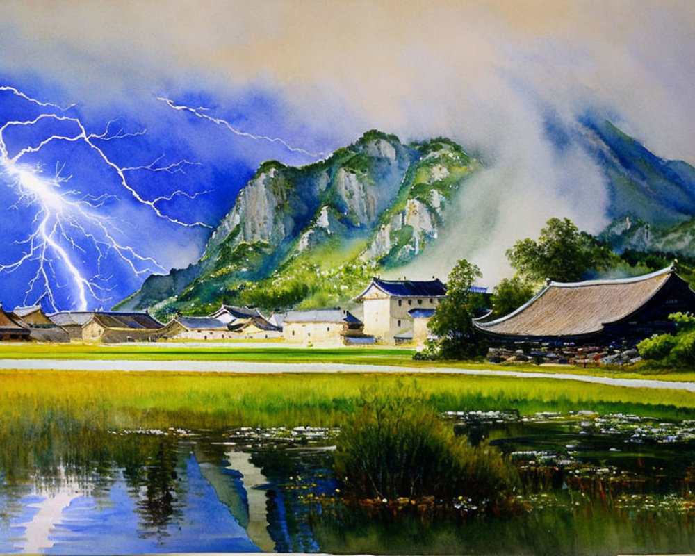 Vibrant watercolor painting of Asian village under stormy sky