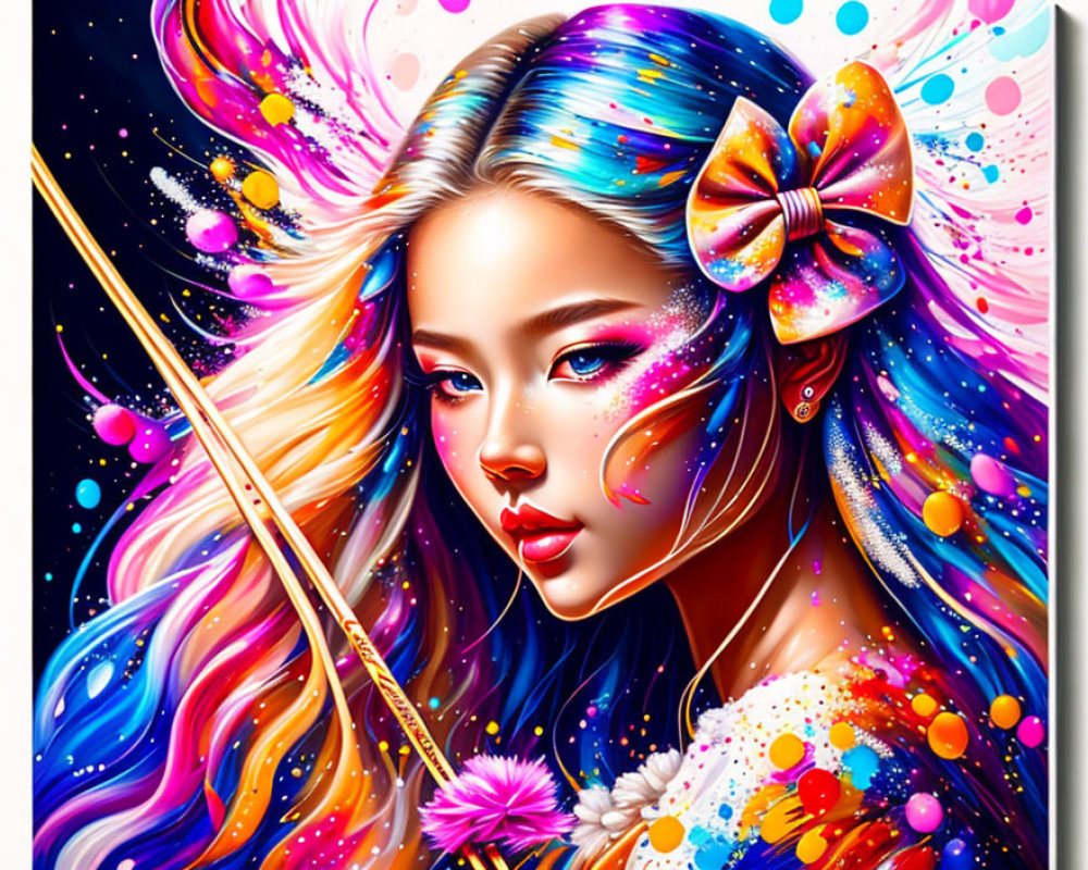 Colorful digital art: Woman with flowing hair & multicolored bow