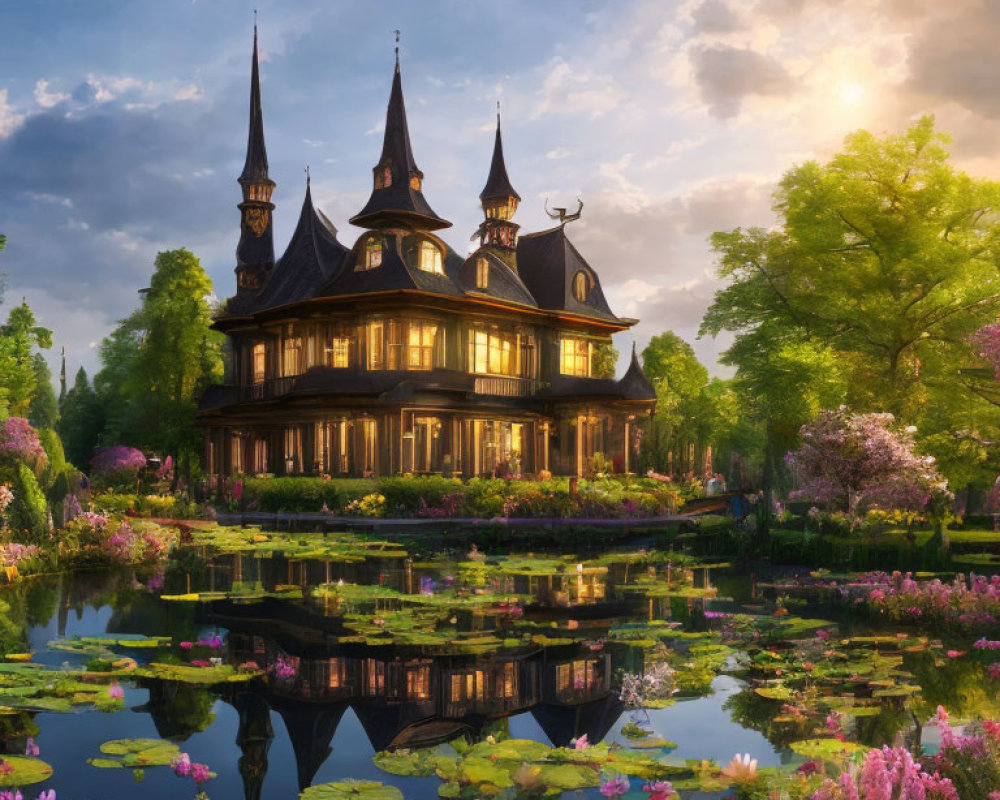 Victorian-style house with spires in lush garden pond at sunset