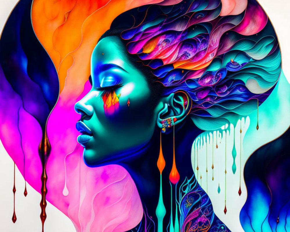 Colorful digital artwork of woman's profile with flowing, multicolored hair and dripping paint details